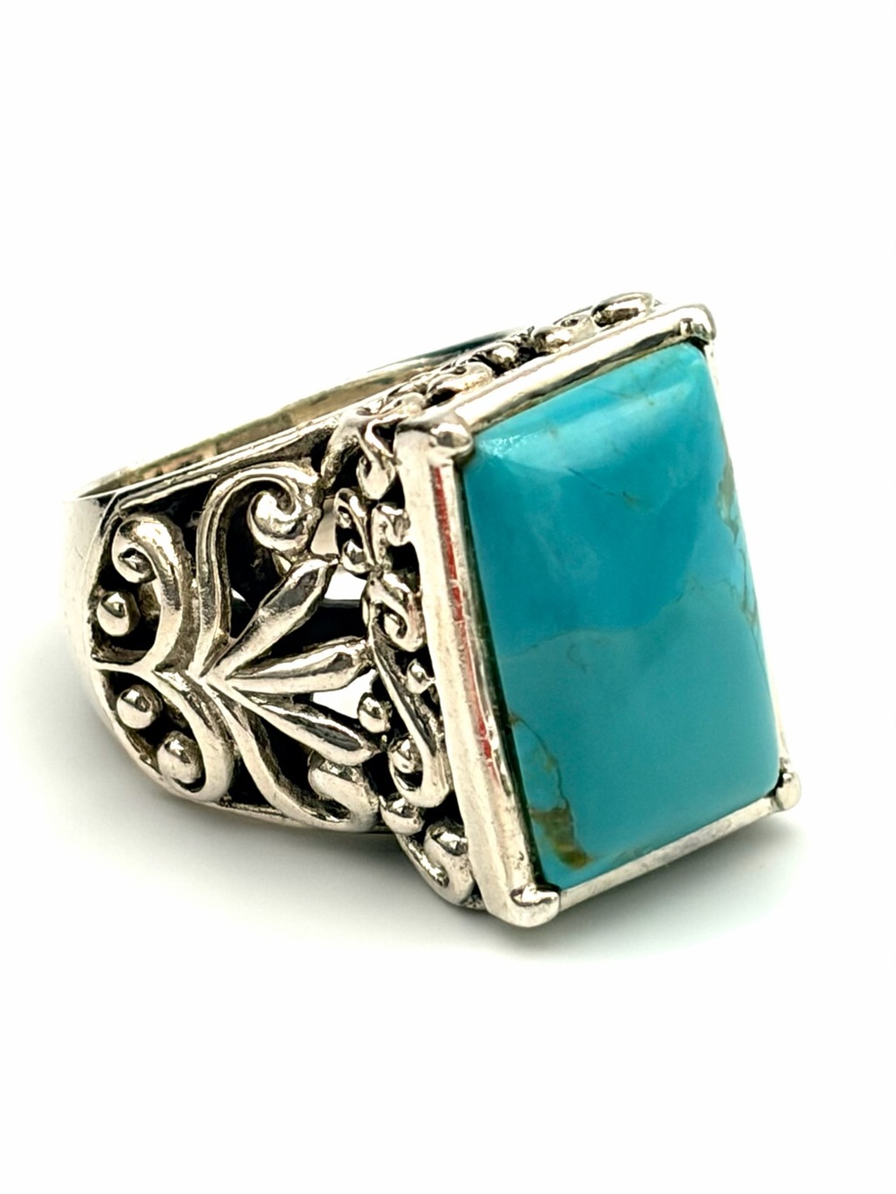 Barse Signed Vintage Turquoise Stone Sterling Silver Floral Filigree Ring
